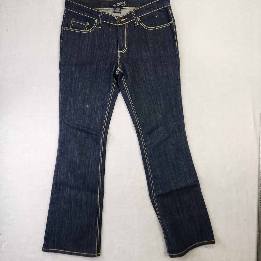 G. TTON Style by Paris Womens Y2K Dark Wash Flare Jeans Tribal Embroidery Sz 11